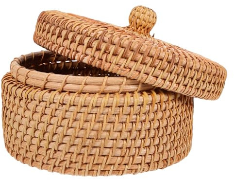 Amosfun Gewebter Aufbewahrungskorb Aus Rattan Runde Snackbox Mit Deckel Langlebige Aufbewahrungsbox Für Täglichen Gebrauch Und Natürliche Dekoration Im Zuhause