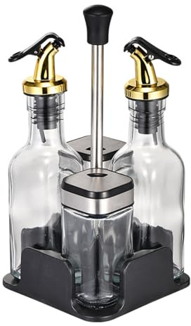 Kit de dispensador de vidrio para botellas de condimentos, capacidad de 200 ml, con soporte de acero inoxidable giratorio de 360 °, kit de dispensador de aceite y vinagre (Silver_Black_T221, 4)