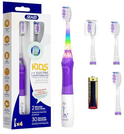 Brosse à dents électrique pour enfants 3-12 ans, 2 min de minuterie pour de bonnes habitudes, 4 têtes de rechange douces, pile AAA incluse, LED colorée pour un brossage amusant (Violet)