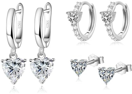 HinDaLi 3 par 925 sterling silver örhängen för kvinnor flickor silver kärlek hjärta knoppar örhängen dinglande örhängen hjärta ring örhängen huggie kvinnor örhängen sovande brosk kubisk zirkon