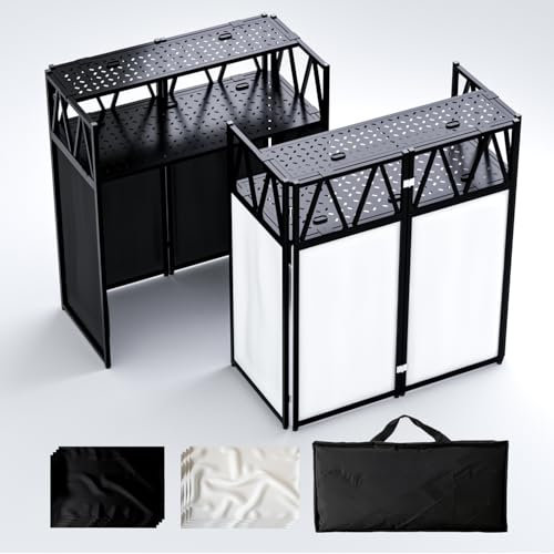 Portable DJ Booth Table,Foldable DJ Table Stand Portable with White & Black Scrim,Adjustable DJ Facade Table Station Metal Frame DJ Table with Cable Hole for Private Events, Clubs, Bars (Upgrade)