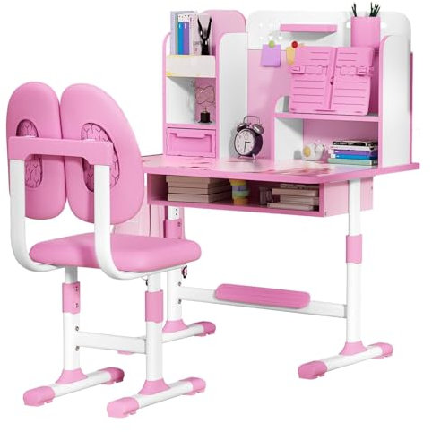 CUSROS Kinder-Schreibtisch- und Stuhl-Set, Schüler-Schreibtisch und Stuhl-Set, Lese-Schreibtisch mit magnetischer Rückplatte, Schubladen, Schultaschenhaken und Buchständer, Stifthalter, Rosa