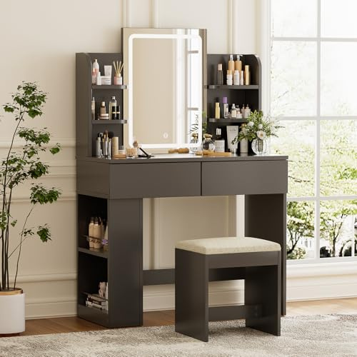 TRIUMPHKEY Toeletta da Trucco con luce LED, Tavolo da Toilette con Specchio e Sgabello,Postazione Trucco,Luminosità Regolabile,2 cassetti, Arredamento Moderno per la Camera da Let (Nero)