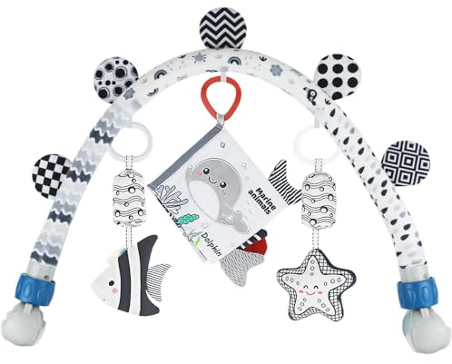 Baby Activity Travel Mobile Arch Bassinet Toy, Black and White High-Contrast Crib Toys, with Rattle and Book, Strolle,Pram and Crib Attachment with Hanging Toys (Ocean)