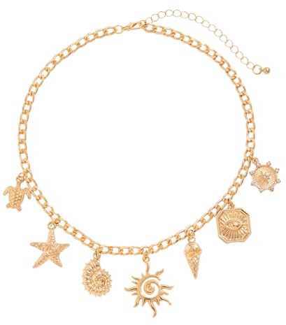 Cosswe Damen Boho Kette mit Muschel und Seestern Anhänger, Gold, 14 Zoll Choker Kette, Sommer Strand Schmuck, Geschenk für Frauen und Mädchen