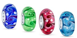 Bling Jewelry Satz von vier Murano-Glasperlen in Blau, Grün, Pink, Aqua mit Wellenwirbel-Abstandshalter, passend für europäische Armbänder für Frauen und Teenager, .925 Sterlingsilberkern