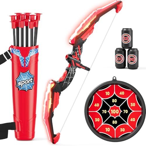 HYES Set med rosett och pil för barn, LED-upplyst bågskytte, set med 12 sugkoppspilar, 3 poängmål, 1 hängande mål och jov, inomhus utomhus bågskytte, leksaker, gåvor för pojkar barn 4-6 8-12, svart