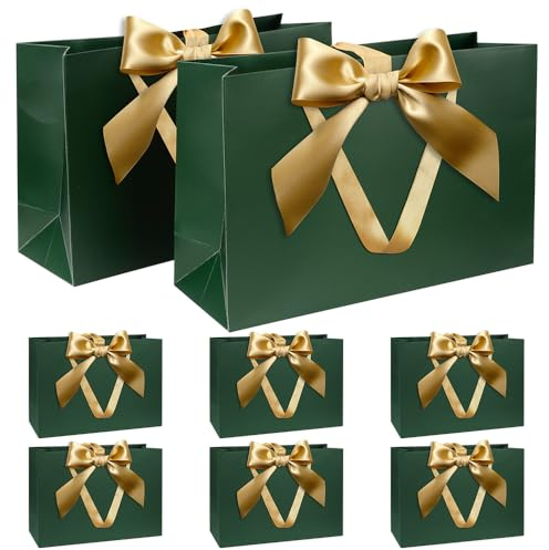 Juego Bolsas Regalo, Bolsa Regalo Verde con Cinta Bolsa Regalo con Asas 8 Piezas 30x20x10cm Bolsas Regalo para Navidad Cumpleaños Boda Aniversario