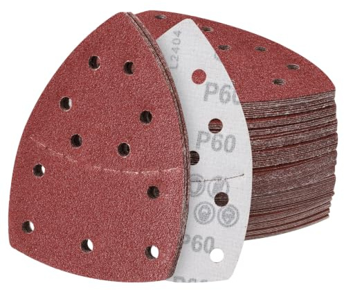 Sruhrak 55 piezas papel de lija lijadora delta 152x105mm Hojas de Lija Mouse Papel conjunto con 11 agujeros grano 60 triángulo almohadillas de lijado para madera, metal y plástico