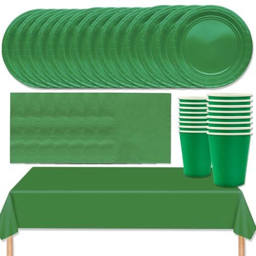 MOMAHUA 53 Stück Grün Partygeschirr Set für 16 Gäste,Papiergeschirr Set,Geburtstag Party Geschirr Set mit Tischdecke Pappteller Servietten Becher für Hochzeiten,Weihnachten Geburtstagsparty Deko