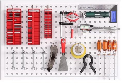 TRAGLO Pannello Forato in Metallo, Organizer da Parete, Pannello Portaoggetti da Parete per Attrezzi con Ganci per Garage, banco da Lavoro, Sala Hobby, Cucina(Bianco,30x100cm)