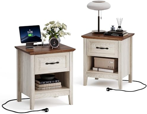 LINSY HOME Nachttisch 2er Set, Farmhouse Holz Nachttisch mit Open Storage Regal, Nachttische mit Steckdose, Beistelltisch Endtisch für Schlafzimmer Wohnzimmer Sofa Couch Büro 48 x 40 x 53 cm, Beige