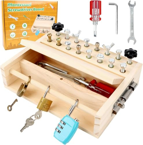 Montessori Jeu de Tournevis,Jeux Montessori Outils Enfant Jouet en Bois Planche Montessori vec Visseuse Enfant,Serrure et Clé,Jouets Montessori Jeux Educatif Cadeau Enfant 3 4 5 6Ans Garcon Fill