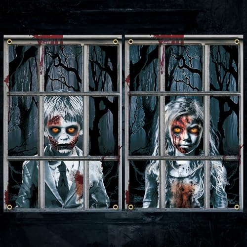 Hinsly Halloween Deko Gruselig Fensterbilder,2 Stück Fenster Deko, Halloween Horror Fensterabdeckung120 x 80cm, Dekoration für Spukhaus, für Outdoor Innen und Helloween Deko Garten（Child）