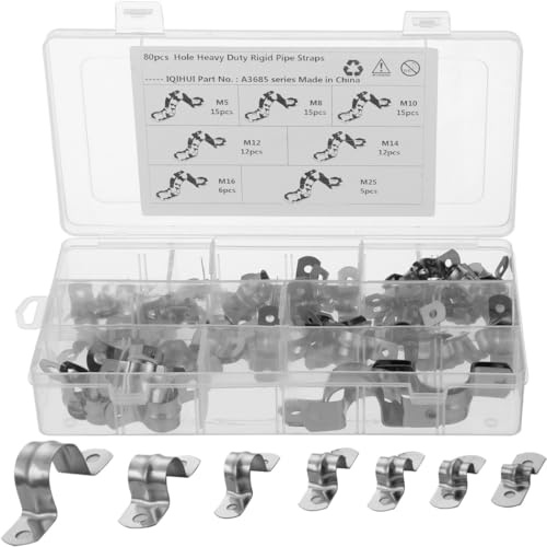 Pipe Strap Clamps, 80 Pcs U Shape Tube Strap Clamp Assortment Kit M5/8/10/12/14/16/25, 304 Stainless Steel Pipe Clamp, U Brackets Clips for Water, Oil, Gas Pipe Fixing
