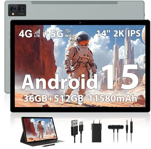WOREGOO 14 Pouces Tablette Android 15, Tablette Tactile 5G WiFi et 4G LTE, 36GB RAM + 512GB ROM(1TB TF), Octa-Core/2000 * 1200FHD 2K/BT5.0/13MP+8MP/11580mAh/GPS/GMS avec étui et Stylet, Gris
