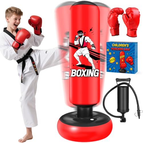 Sac de Boxe pour Enfants, avec Gants de Boxe, 168cm Gonflable Sac de Frappe Enfant Pratique du Karaté, Taekwondo, Cadeaux pour GarçOns et Filles