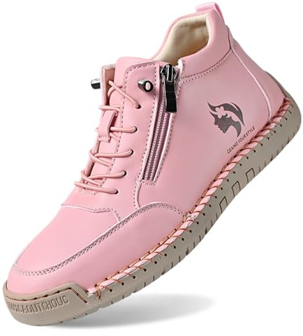 Dasongff Chaussures en cuir pour femme Automne et hiver Coutures faites à la main Hauteur à lacets Chaussures pieds nus avec fermeture éclair Antidérapantes Décontractées Larges pieds Mocassins
