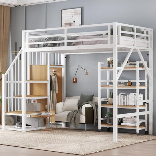 Letto a soppalco in ferro, 90 x 200 cm, scaffale a quattro piani con ruote, scala angolare con scale e asta appendiabiti, struttura per letto con protezione anti-caduta, letto a castello, senza