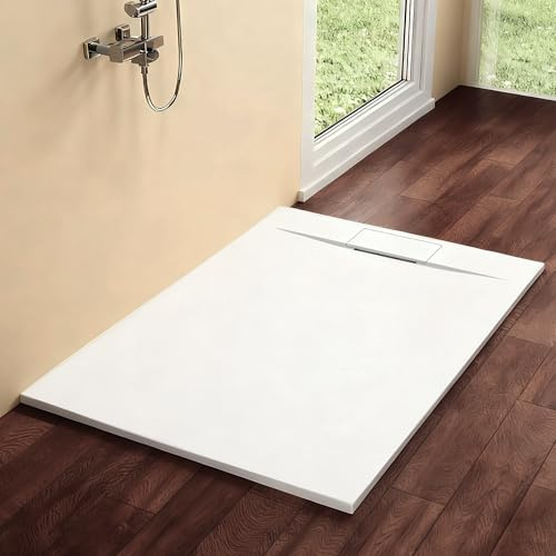 SUNXURY Plato de ducha 140 x 90 cm, plato de ducha antideslizante SMC, plato de ducha plano, recortable, color blanco, mineral fundido con aspecto de pizarra (sin sifón)