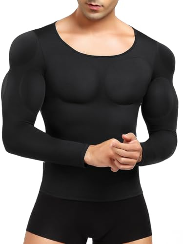 Bslingerie Men's Padded Compression Muscle Shirt with Fake Chest and Shoulder Enhancer, Winter Long Sleeve Shapewear Undershirt, Black, Sizes S-XXL (Black - Long Sleeve, M)