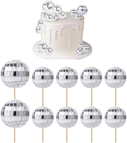 Yeesabella Disco Ball Cupcake Toppers, 70s Retro Cake Decorations With Stick for Dessert, Shiny Mini Ball Picks for Birthday, Theme Party Supplies for Decor Ornament (silver)