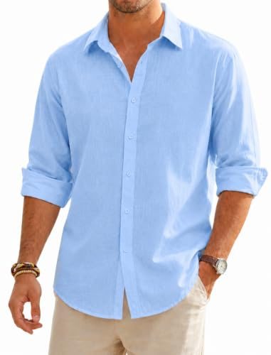 SEAYIJIA Camisa para Hombre Manga Larga, Camisa Informal de Lino-Algodón, Corte Estándar, Parte Superior Casual de Negocios, Ideal para Vacaciones Playa Verano, Azul Cielo L