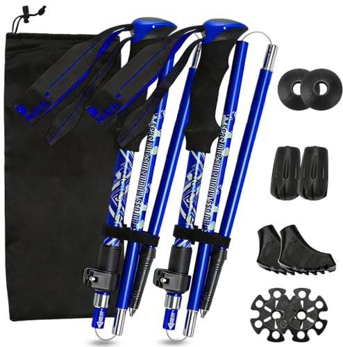 Lot de 2 bâtons de marche pliables, légers, 110 à 125 cm, bâtons de randonnée réglables pour homme et femme - Bleu