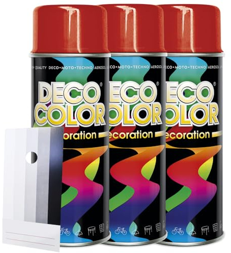 Craft-Equip DC 3 Stück Lackspray Glanz nach RAL in 400ml zur Lackierung von Auto Stahl Aluminium Beton Holz und Spritzmusterkarte (3 Dosen in feuerrot Glanz RAL 3000 + Karte)