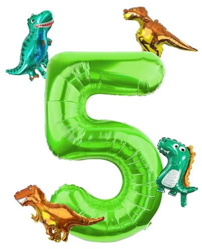 Morofme Dino Zahlen Luftballon 5, 40 Inch Luftballon Zahlen mit 4 Stück Luftballons Dino, Grün Folienballon 5, Dino Helium 5 Luftballons Zahl für Dschungel Thema Geburtstag, Jubiläum Partydeko