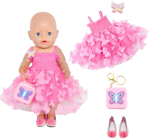 Puppenkleidung 43 cm Kleidung Outfits, Puppen Zubehör Tasche mit Schmetterlingsmotiv Schuhe Rosa Puppenkleid-Set für 14-17 Zoll Baby Puppen, Mädchen