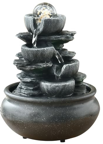 Zimmerbrunnen, Tischbrunnen mit Rollender Kugel, Naturwasserfall | mit Steineffekt und Farbigem LED Licht, Tischplatte Wasserbrunnen, Steingarten, Zen Tischdekoration
