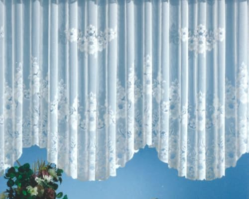 heimtexland Gardinen Jacquard Store mit Kräuselband weiß halb-transparent, Blumen Bordüre gebogt, Vorhang Typ1 - Bogenstore HxB 175x900 cm für Fensterbreiten von 310-390 cm