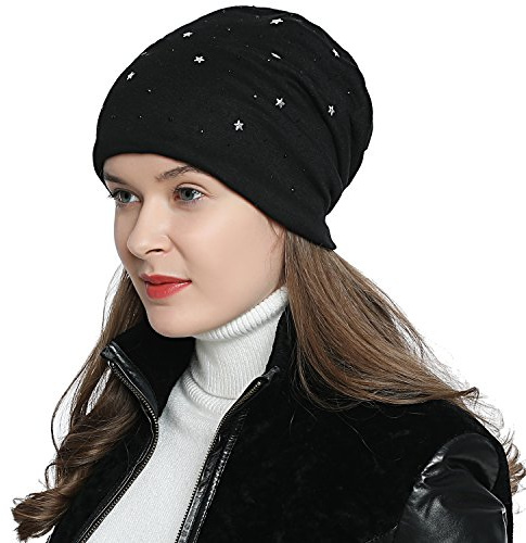 DonDon Mütze Damen Wintermütze Slouch Beanie gefüttert mit schwarzem Strass schwarz