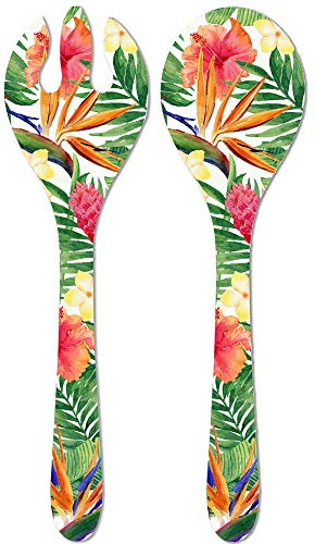 Les Jardins de la Comtesse - Couverts à Salade de Service en Mélamine Pure - Fleurs Exotiques - 33 cm – Rouge/Vert - Couverts de Service de la Collection de Vaisselle Quasi-Incassable MelARTmine