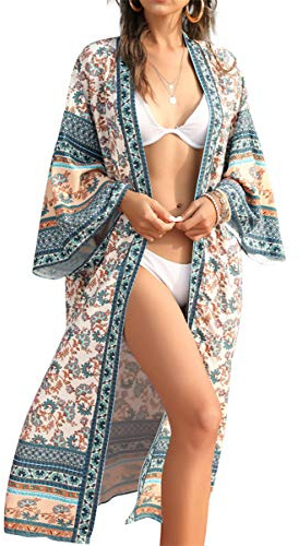 L-Peach Femme Été Coton Broderie Florale Longue Kaftan Maxi Robe Paréo de Plage pour Maillot de Bain