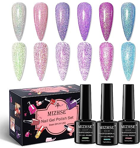 MIZHSE UV Gel Nagellack Glitzer Neon 6 Farben - Reflektierender Einhorn Effekt Soak Off Nail Art Polish - Meerjungfrau Starter Set 7ml