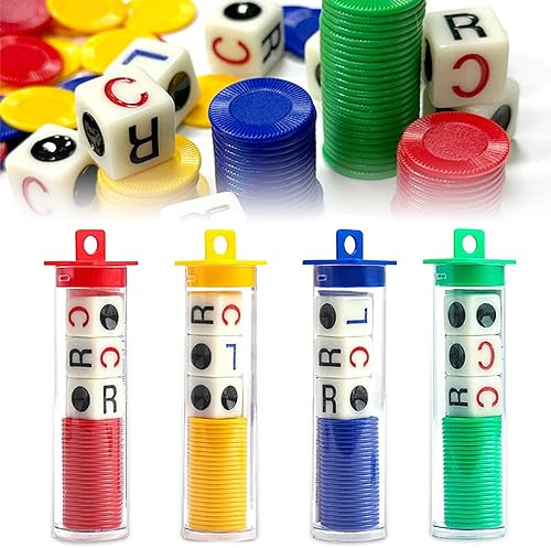 KoMico 4 Tubes Left Right Center Dice Game, 4 Color Interactive Toy 6 Sided Round Corner Dice Set Fun Games with 12 Dices + 96 Chips for Family Camping Game