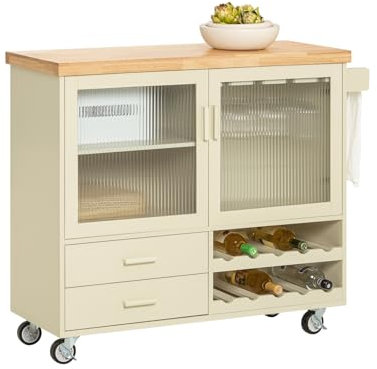 SoBuy FKW114-MI Design Küchenwagen mit Arbeitsplatte Küchenschrank Kücheninsel mit Gewürzregal Rollwagen Sideboard auf Rollen Küchentrolley Beige BHT ca. 109x92x38cm