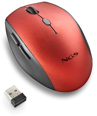 NGS Bee Red trådlös mus, ergonomisk mus med tysta tangenter, 5 knappar och rullhjul, trådlös 2,4 GHz-anslutning, speciell för högerhänta personer, justerbar dpi, röd färg
