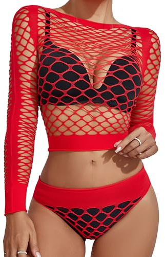XIUSEMY Set Lingerie Donna: Babydoll Sexy in Rete Fischnetz, Bodystocking da Notte, Taglia Unica(Rosso-WG)