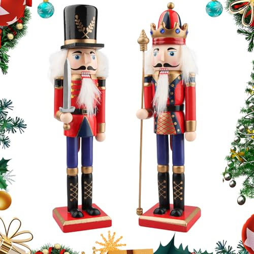 Szhhrxi 2025 Nussknacker Figur, 2 Große Nussknacker Weihnachtsfiguren aus Holz, Nussknacker Soldat im Erzgebirge-Stil, Handbemalter Traditionelle Weihnachtsdeko Nussknacker (D)