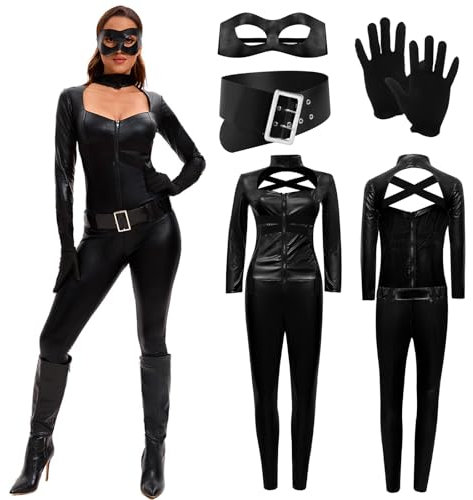 MeYuxg Costume de Chat Femme, Costume de Femme, Dame de Chat de Nuit, Costume de Cosplay Masqué, Combinaison Noire + Gants + Masque pour les Yeux + Ceinture (L)