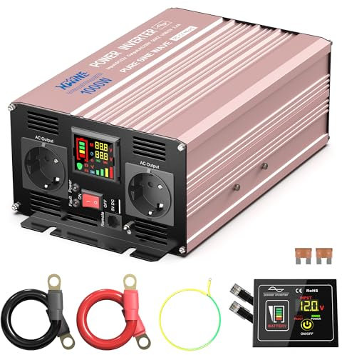 XWJNE 1000W Wechselrichter 12V auf 230V Reiner Sinus, Spannungswandler mit 2 EU Steckdosen und 1 USB Anschluss, Stromwandler für Auto, Laden von Handys, Laptops und Anderen Geräten