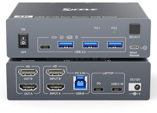 USB C HDMI KVM Switch 2 PC 2 Monitor 4K@60Hz,Switch KVM 2 écrans pour Bureau et Ordinateur Portable,CommutateursKVM avec 4 Port USB3.0, Charge PD de 80 W, Câble Distant et Câble USB-C Inclus