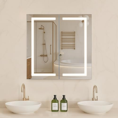 VEVOR Armoire Murale ou Encastrée Salle de Bain 65x65 cm, Armoire de Toilette avec Miroir HD et LED 3 Couleurs à Intensité Variable, Fonction de Désembuage à Mémoire, Étagère de Rangement Réglable