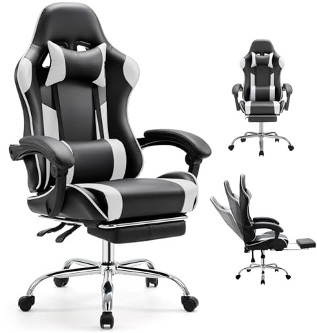 DUMOS Ergonomic Gaming Office Desk Chair with Footrest, Height Adjustable 360° Swivel Computer Video Game Chair with Headrest and Lumbar Support, Black White