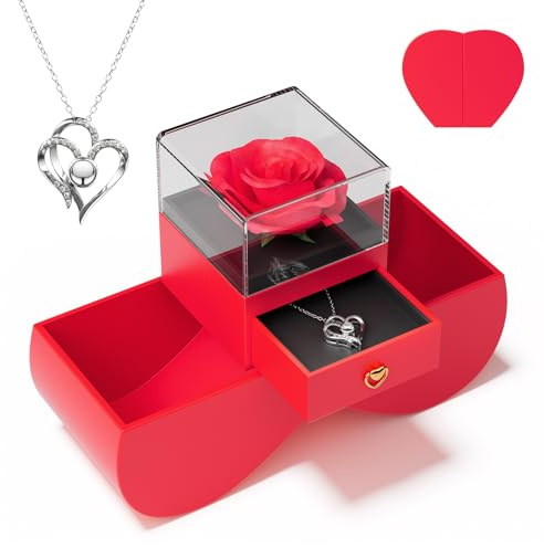 YJYJHOPE Valentines Day Preserved Rose Gifts for Women, Wife, Girlfriend, Rose with I Love You Necklace in 100 Languages, Gifts for her on Birthday, Anniversary, Mother's Day, Christmas