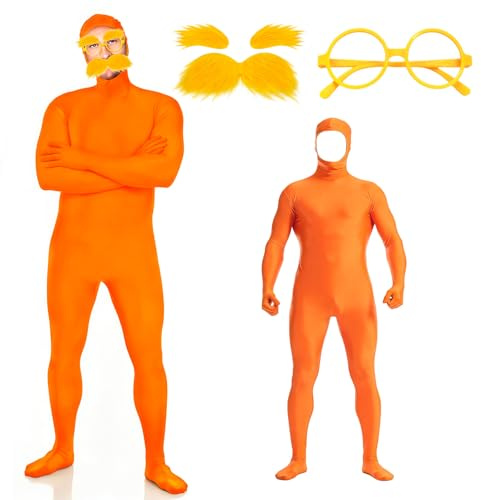 ZJKUBOIS Conjunto de traje de cuerpo completo naranja para mujer y hombre, traje de pantalla verde, traje naranja | bigote amarillo y cejas | gafas sin lente, disfraz unisex de Halloween y carnaval