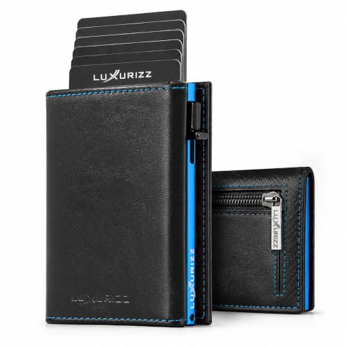 Luxurizz Smart Wallet mit RFID Schutz - Aluminium Slim Wallet Kartenetui Blau für 12 Karten - minimalistisches Portemonnaie mit Münzfach - dünne Geldbörse für Herren & Damen